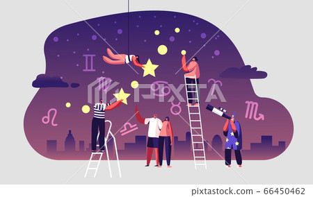 Astrologer Watching at Night Starry Sky through Telescope. Astronomy Science Hobby, People Look at Stars 66450462