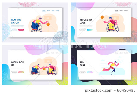 Handicapped People Post-Accident Recovery, Rehabilitation Exercises Website Landing Page Set. Disabled Men Playing Basketball, Running on Stadium Web Page Banner. Cartoon Flat Vector Illustration Handicapped People Post-Accident Recovery, Rehabilitation Exercises Website Landing Page Set. Disabled Men Playing Basketball, Running on Stadium Web Page Banner. Cartoon Flat Vector Illustration 66450483