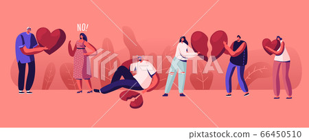 Lovers in End of Loving Relations Concept. Young Man and Woman Pull Apart Broken Heart Parts Blaming Each Other 66450510
