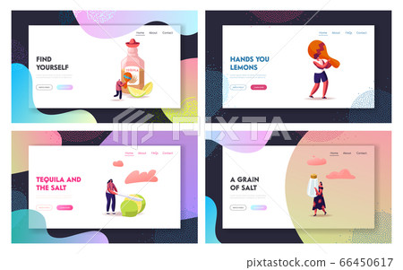 People Drinking Tequila Landing Page Template Set. Tiny Characters with Maracas, Salt and Lime at Huge Bottle People Drinking Tequila Landing Page Template Set. Tiny Characters with Maracas, Salt and Lime at Huge Bottle 66450617