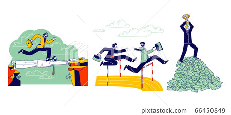 Careerist Business Man Character Running Sprint Race on Stadium Jumping over Barrier 66450849