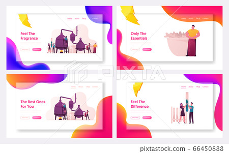 Cosmetic Perfumery Production Landing Page Template Set. Tiny Characters Create new Recipe Distilling Liquid 66450888