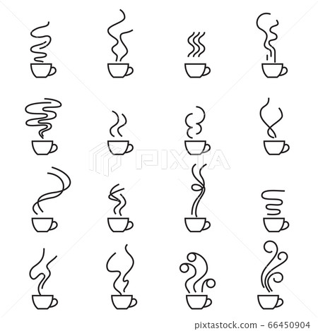 Set of 16 icons with different types of steam from a mug with a hot drink. Isolated on white background. Vector linear illustration 66450904