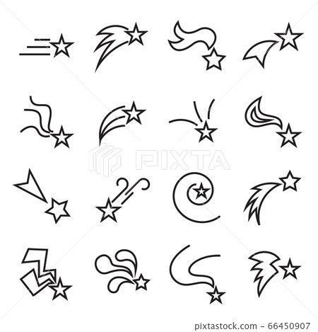 Falling stars icons. Collection of 16 linear symbols of shooting stars isolated on a white background. Vector illustration Falling stars icons. Collection of 16 linear symbols of shooting stars isolated on a white background. Vector illustration 66450907