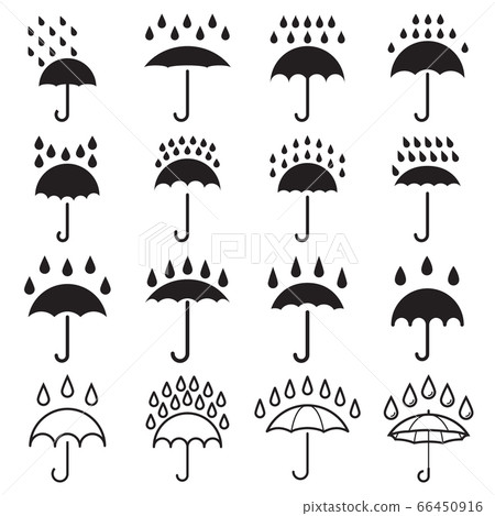 Umbrella and rain drops icons. Collection of 16 black pictograms isolated on a white background. Vector illustration 66450916
