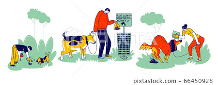 Dog Owners Clean Up Feces After Pets on Street. Men or Women Characters Using Polyethylene Package Dog Owners Clean Up Feces After Pets on Street. Men or Women Characters Using Polyethylene Package 66450928