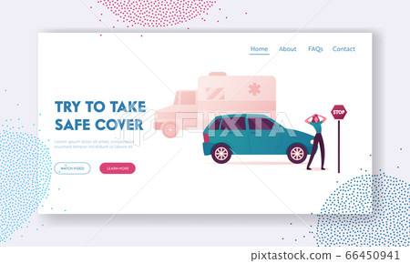 Earthquake Aftermath Landing Page Template. Desperate Woman at Car and Stop Road Sign on Ambulance Van Earthquake Aftermath Landing Page Template. Desperate Woman at Car and Stop Road Sign on Ambulance Van 66450941