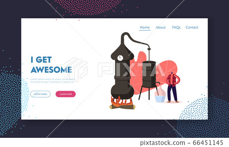 Alcohol Brewing Process in Home Conditions Landing Page Template. Tiny Male Character Cooking Homemade Moonshine 66451145