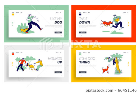 Dog Attack Landing Page Template Set. Aggressive Animals Biting and Barking on Characters. Delivery Man with Parcel 66451146