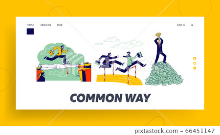 Careerist Landing Page Template. Business Man Character Run on Stadium Jumping over Barrier 66451147