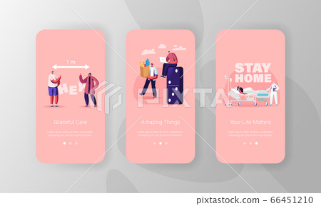 Social Distance Mobile App Page Onboard Screen Template. Tiny People Characters Protecting from Virus Pathogens 66451210