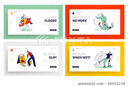Wet Floor Caution Landing Page Template Set. People Get Trauma, Injure. Characters Slipping 66451234