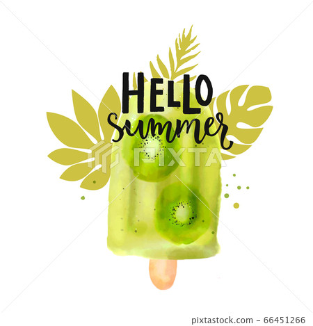 Hello summer banner with green kiwi popcicle, watercolor illustration of frozen fruit dessert. Vector collage with tropical leaves. Artistic hand drawn healthy summer snack. 66451266