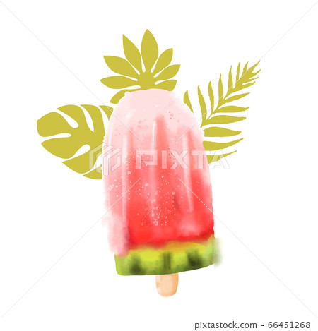 Watermelon popcicle, watercolor illustration of frozen fruit summer dessert. Vector banner with tropical leaves. Artistic hand drawn healthy summer snack. 66451268