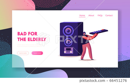 Noise Pollution Landing Page Template. Woman Stand at Huge Dynamics Holding Remote Control for Making Sound On Noise Pollution Landing Page Template. Woman Stand at Huge Dynamics Holding Remote Control for Making Sound On 66451276