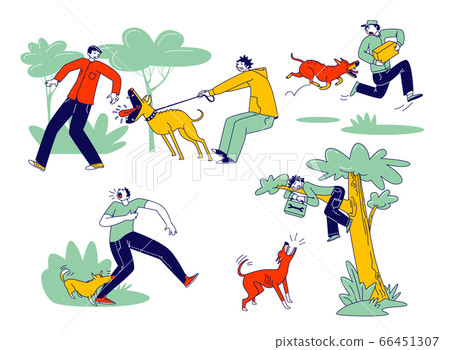 Dog Attack Concept. Aggressive Animals Biting and Barking on Male Characters. Delivery Man with Parcel in Hands 66451307