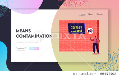 Big City Dweller Hearing Loud Sounds Landing Page Template. Female Character Stand at Wall with Tv on Sound On 66451308