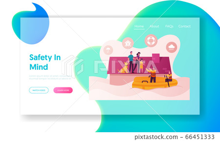 Family Characters Need Help at Flood Landing Page Template. Man, Woman, Girl and Dog Stand House Roof 66451333