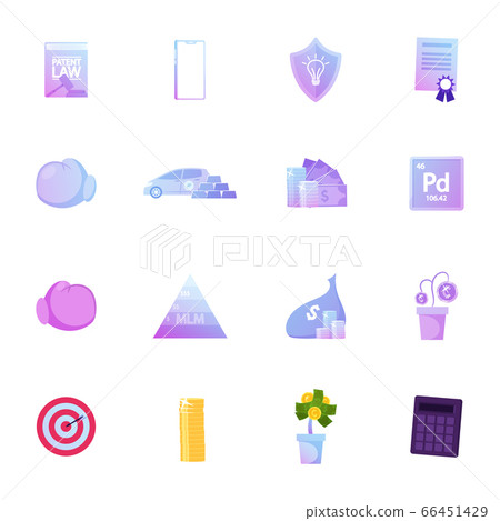 Icons Set Patent Law Book, Smartphone and Shield, Certificate, Boxing Gloves and Car. Money, Palladium and MLM Pyramid 66451429
