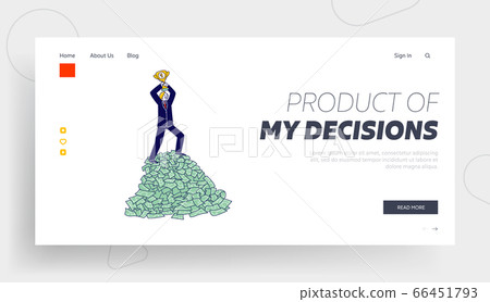 Winner Business Man Landing Page Template. Successful Businessman Character Posing with Golden Goblet 66451793