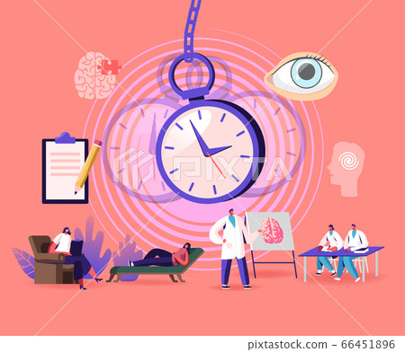 Characters Undergoing Hypnosis Procedure with Doctor Swinging Pocket Watch and Patients Lying on Sofa 66451896