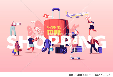 Shopping Tour Concept. Buyers Characters Seasonal Sale. Cheerful Shopaholic People with Trolley Full of Purchases 66452092