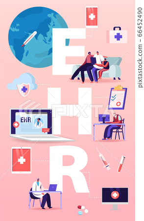 EHR, Electronic Health Record Concept. Patient Characters Insert Medical Data in Tablet. Doctor Use Digital Smart Device 66452490