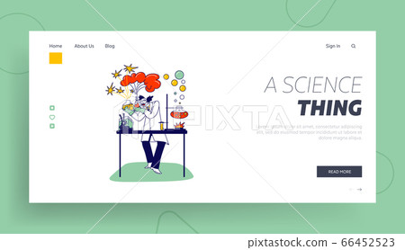 Mad Scientist Landing Page Template. Character with Beakers Conduct Experiments in Laboratory. Evil Personage 66452523