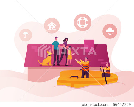 Family Characters Need Help at Flood. Man, Woman, Little Girl and Dog Stand House Roof, Rescues on Boat Evacuate People 66452709