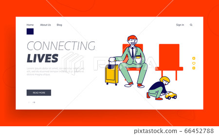 Family Airplane Trip Landing Page Template. Father Character Traveling with Son. Young Business Man and Little Boy 66452788