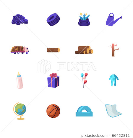 Icons Set Tires, Flower Bed, Watering Can and Forest Wood, Log, Truck, Deforestation, Tree. Baby Shower 66452811