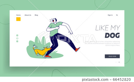 Social Problem of Mad Homeless Pets Landing Page Template. Aggressive Dog Biting Man Leg. Male Character Attacked 66452820