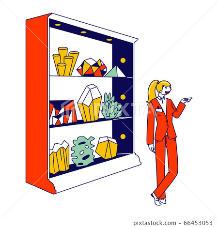 Saleswoman Character Wearing Formal Wear and Badge on Chest Stand front of Shelf with Various Minerals Saleswoman Character Wearing Formal Wear and Badge on Chest Stand front of Shelf with Various Minerals 66453053