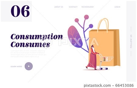 Sale, Consumerism Landing Page Template. Female Customer Character in Grocery with Goods in Shopping Trolley Sale, Consumerism Landing Page Template. Female Customer Character in Grocery with Goods in Shopping Trolley 66453086