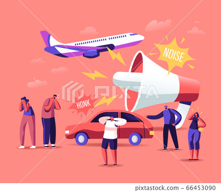 Noise Pollution Concept. Tiny Male and Female Characters Cover Ears to Avoid Annoying Sounds made by Transport 66453090