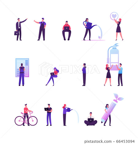 Set of Male and Female Characters Working on Laptop in Green Office, Woman Watering Plants 66453094