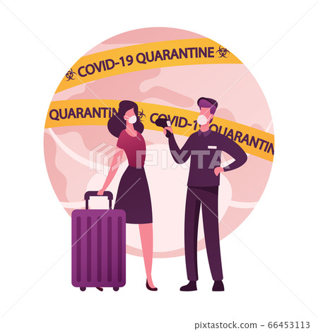 Female Character with Luggage Going Abroad, Man Airport Worker Measuring Temperature with Distant Thermometer 66453113