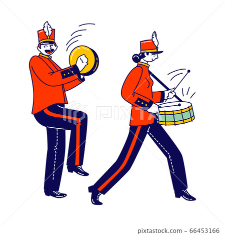 Military Orchestra Characters Wear Festive Red Uniform and Hats with Plumage Playing Orchestral Brass Plates 66453166