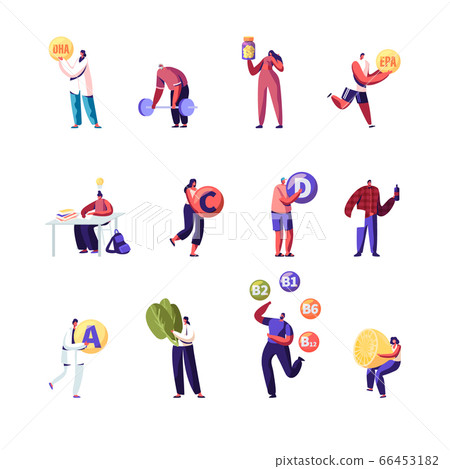 Set of People Applying Vitamins and Microelements. Male and Female Characters Study, Sports Exercising 66453182