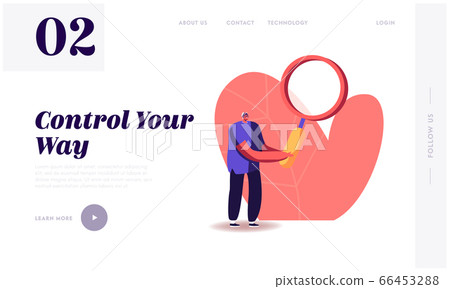 Information and Opportunity Research Landing Page Template. Man Character with Huge Magnifier Glass 66453288