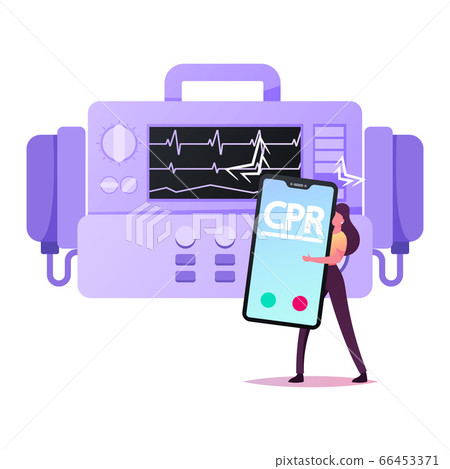 Tiny Female Character Holding Huge Smartphone Call CPR Emergency Service Stand at Huge Defibrillator Tiny Female Character Holding Huge Smartphone Call CPR Emergency Service Stand at Huge Defibrillator 66453371