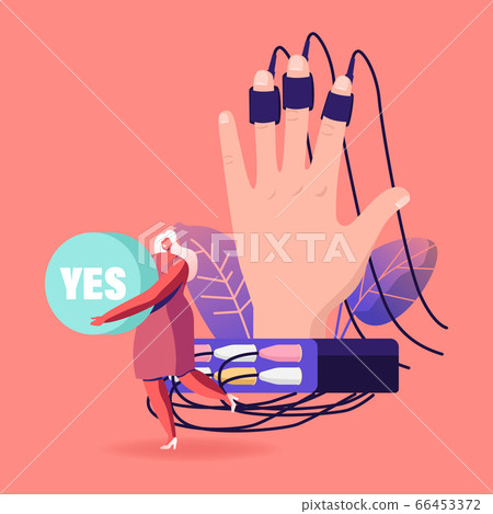 Tiny Female Character Holding Word Yes in Hands Stand at Huge Human Hand Connected with Wires to Polygraph Device Tiny Female Character Holding Word Yes in Hands Stand at Huge Human Hand Connected with Wires to Polygraph Device 66453372