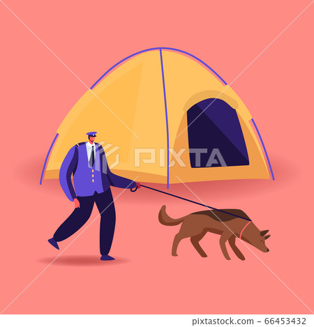 Border Guard Character with Dog on Leash Searching Illegal Immigrants in Refugees Camp with Tent 66453432