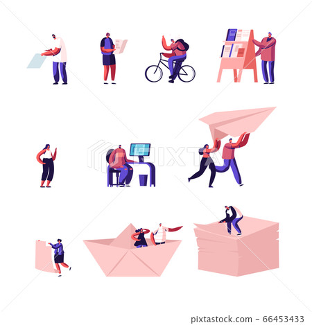 Set of Tiny Characters Traveling in Foreign Country with Map, Backpacker Riding Bike, Man at Newspaper Stand 66453433