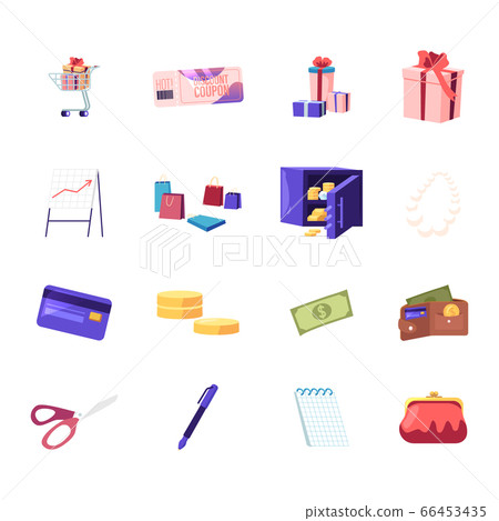 Set Shopping Trolley with Gift Box, Discount Coupon and Presents, Data Analysis Graph, Paper bags and Safe with Money Set Shopping Trolley with Gift Box, Discount Coupon and Presents, Data Analysis Graph, Paper bags and Safe with Money 66453435