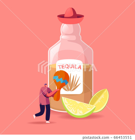 Tequila Traditional Mexican Drink Concept. Tiny Male Character Holding Maracas Stand at Huge Tequila Bottle Tequila Traditional Mexican Drink Concept. Tiny Male Character Holding Maracas Stand at Huge Tequila Bottle 66453551