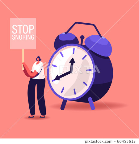 Tiny Female Character Stand at Huge Alarm Clock with Banner Stop Snoring in Hands. Breathing Disease 66453612