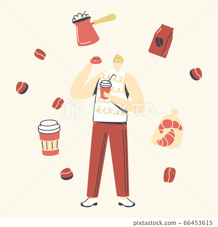 Man Character with Bun and Coffee Cup in Hands on White Background Surrounded with Cezve, Croissants Man Character with Bun and Coffee Cup in Hands on White Background Surrounded with Cezve, Croissants 66453615