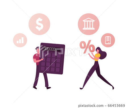 Characters Counting Credit Rating, Use Financial Services. Man with Huge Calculator and Woman with Percent Symbol 66453669