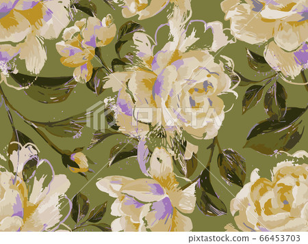Floral seamless pattern made of opulent large roses. Acrylic painting Floral seamless pattern made of opulent large roses. Acrylic painting 66453703